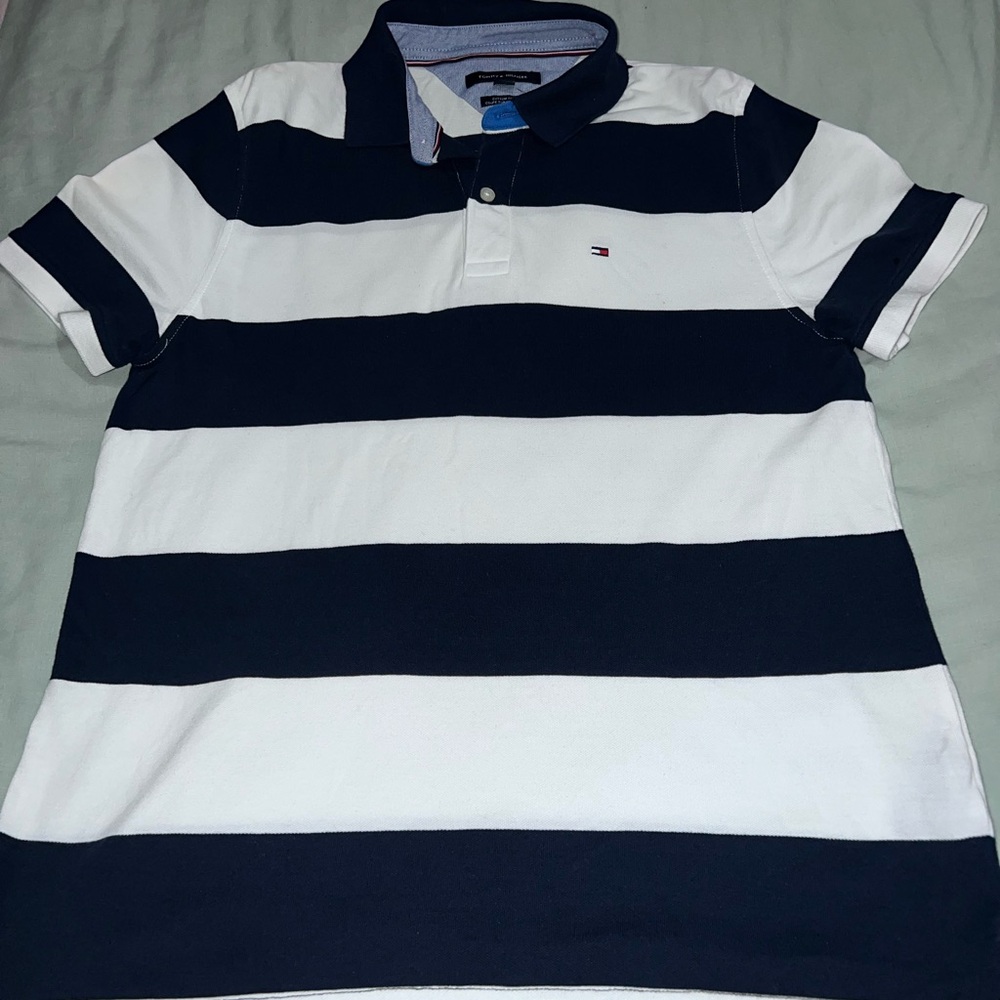 Tommy Hilfiger Navy and White Striped Polo Shirt